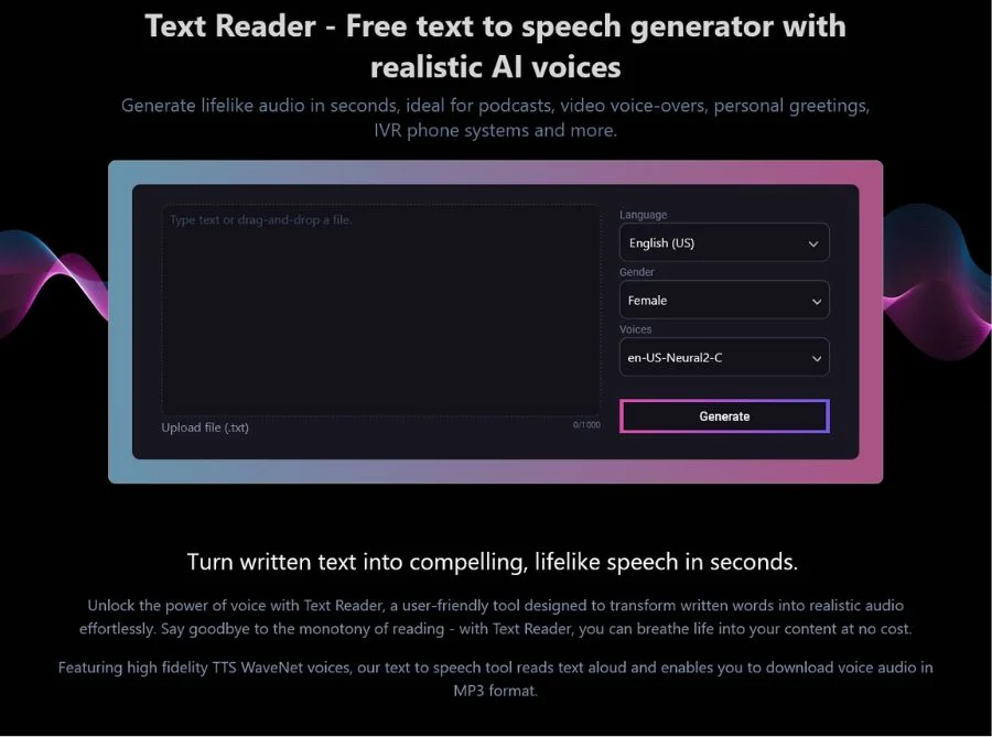 TextReader Free AI voice generator